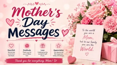 Mother's Day Messages with pink flowers, heartfelt card, gift box, and loving wishes for moms in a beautiful floral setting.