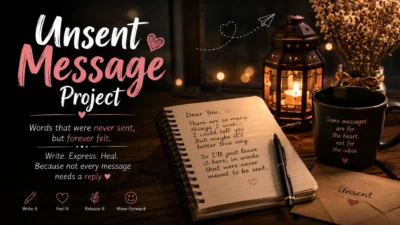 Unsent Message Project journal with handwritten letter, candlelight, coffee mug, and envelope on a cozy wooden desk