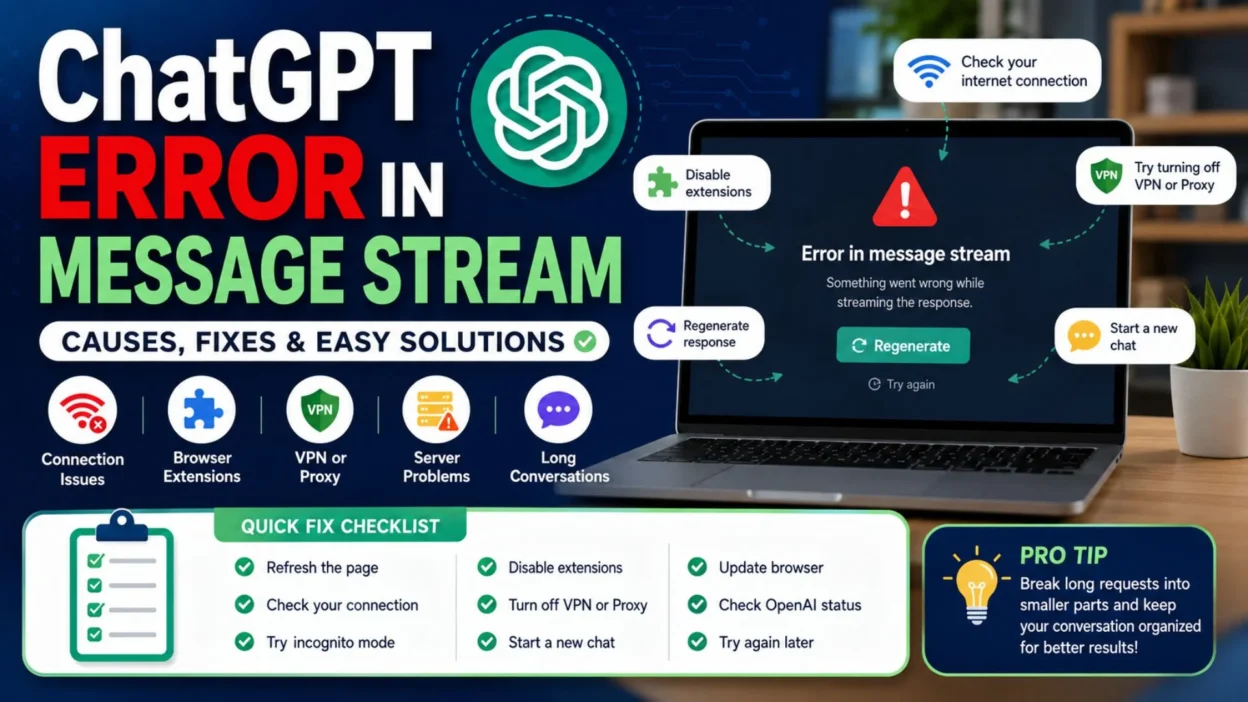 ChatGPT error in message stream with causes, fixes, connection tips, and troubleshooting checklist
