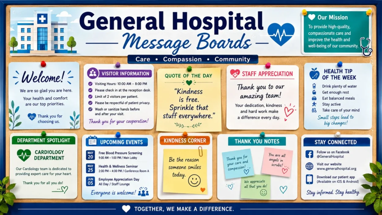 General hospital message boards with visitor information, staff appreciation, health tips, and community updates