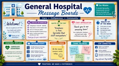 General hospital message boards with visitor information, staff appreciation, health tips, and community updates