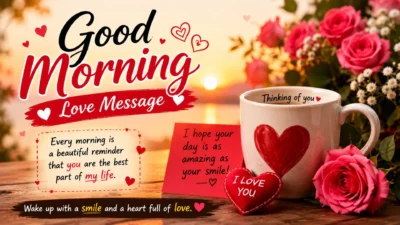 Romantic good morning love message with sunrise, roses, heart mug, and sweet note to brighten your loved one's day.