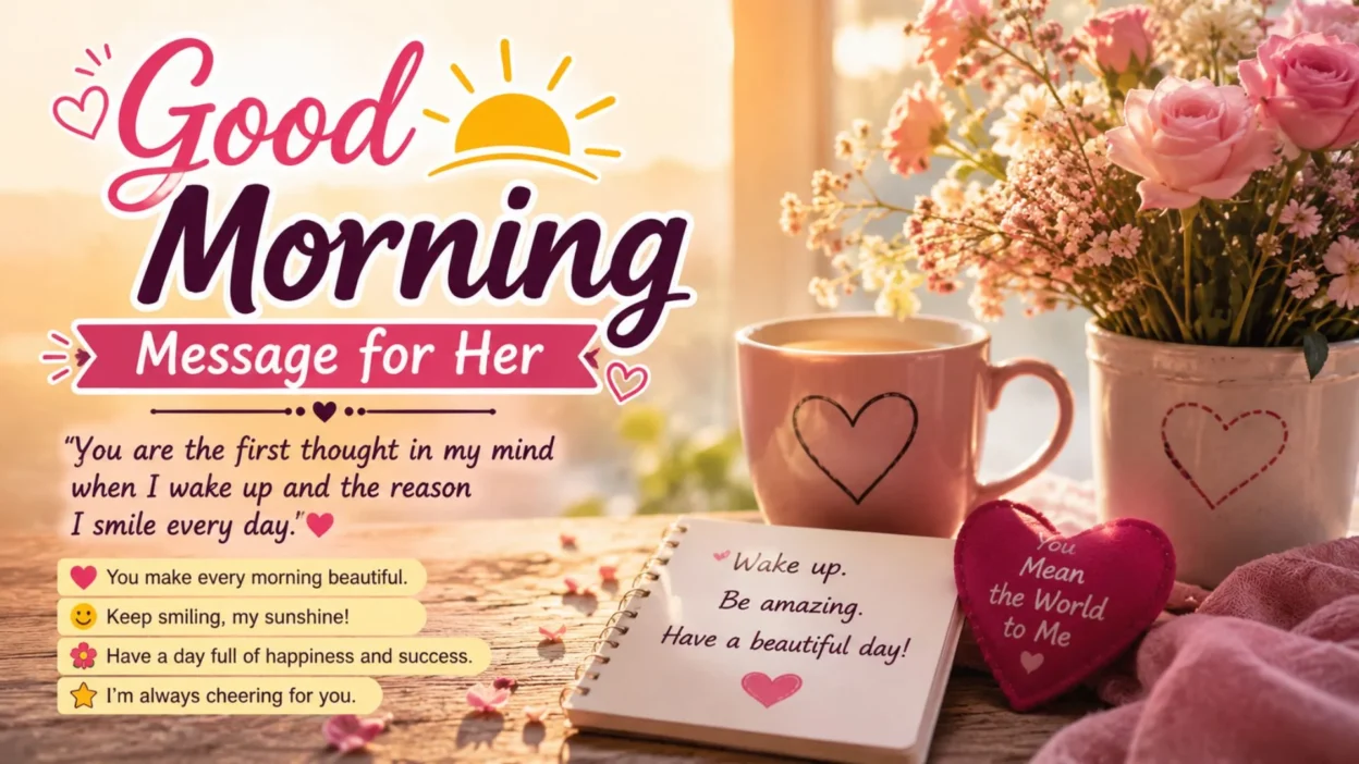 Good Morning Message for Her with pink roses, a coffee mug, heartfelt notes, and a warm sunrise to brighten her day.