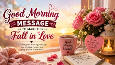 Good morning message to make her fall in love with roses, coffee, heartfelt love note, and a beautiful sunrise backdrop.