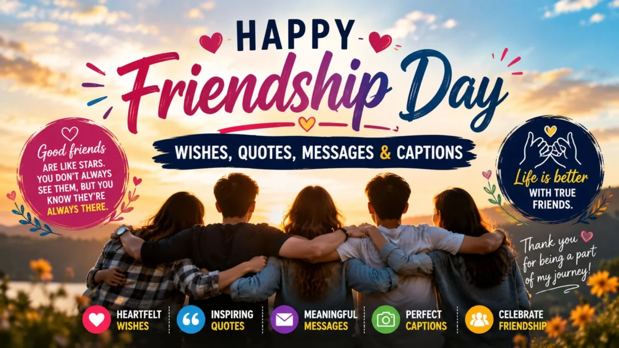 Happy Friendship Day wishes, quotes, messages, and captions with friends embracing at sunset in a joyful celebration