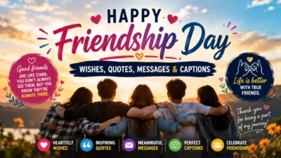 Happy Friendship Day wishes, quotes, messages, and captions with friends embracing at sunset in a joyful celebration