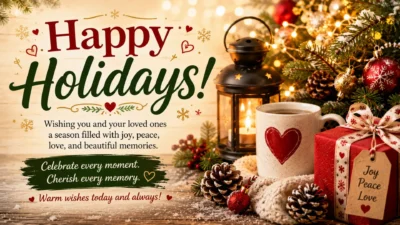 Festive Happy Holidays message with Christmas tree, lantern, gift box, cozy mug, and warm holiday decorations.