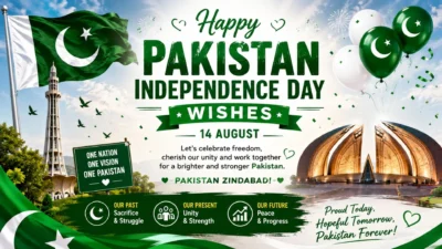 Happy Pakistan Independence Day wishes with a green and white patriotic celebration theme
