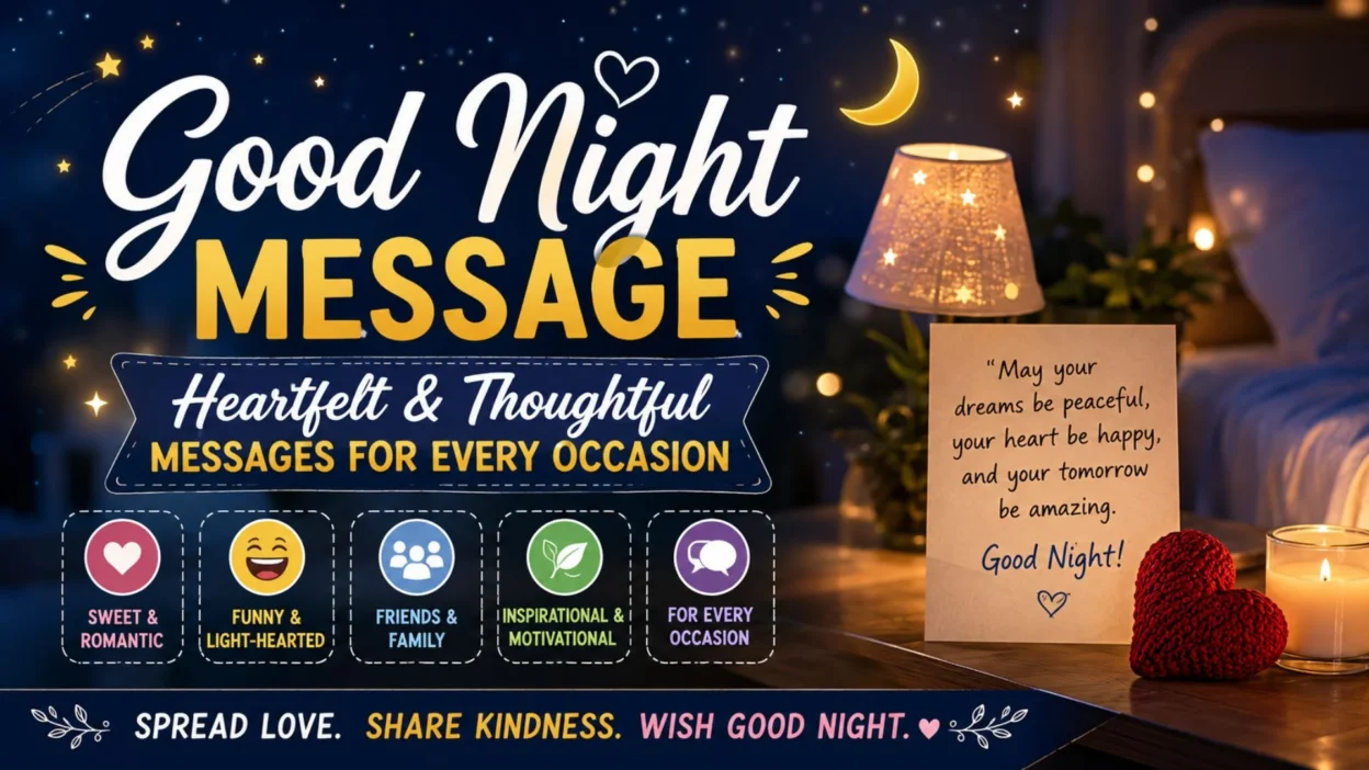 Good night message banner with moon, cozy bedroom, lamp, heart, and heartfelt wishes for every occasion