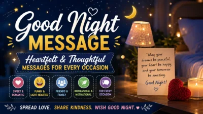 Good night message banner with moon, cozy bedroom, lamp, heart, and heartfelt wishes for every occasion
