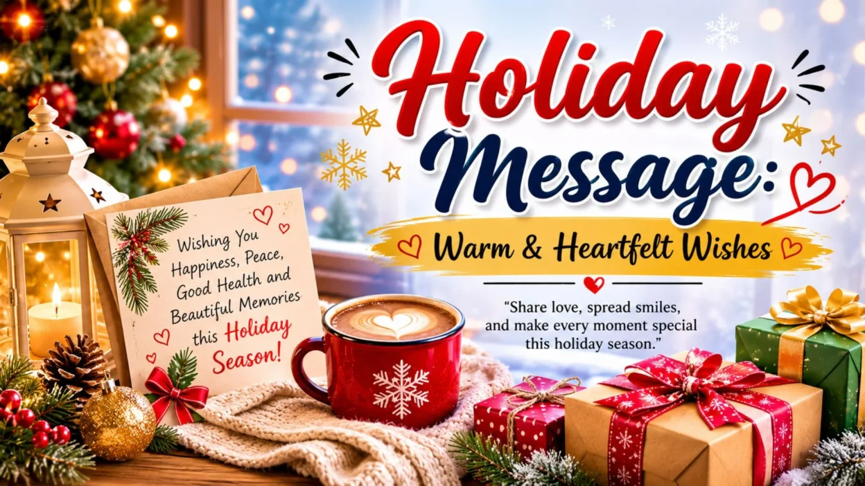 Holiday message with warm and heartfelt wishes, festive gifts, glowing lights, and a cozy seasonal setting