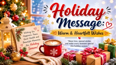 Holiday message with warm and heartfelt wishes, festive gifts, glowing lights, and a cozy seasonal setting