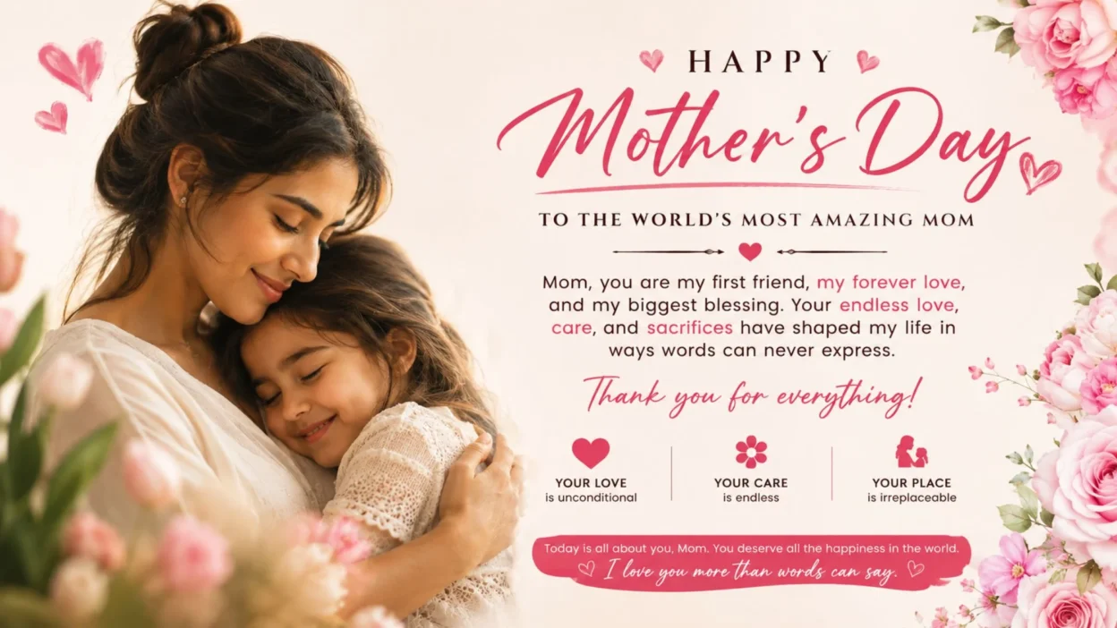 Heartfelt Mother’s Day card with a mother embracing her daughter, pink roses, and a loving message for Mom.