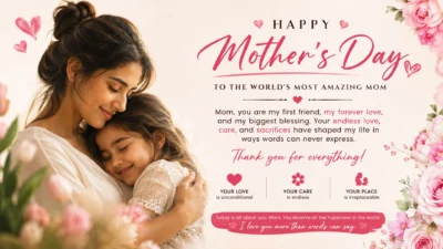 Heartfelt Mother’s Day card with a mother embracing her daughter, pink roses, and a loving message for Mom.