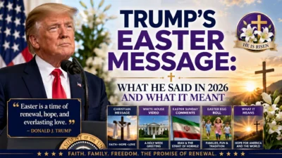 Trump's Easter message 2026 featuring Donald Trump, White House, cross, Easter lilies, and Iran coverage