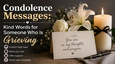 Condolence messages banner with sympathy card, white flowers, and candle for someone grieving