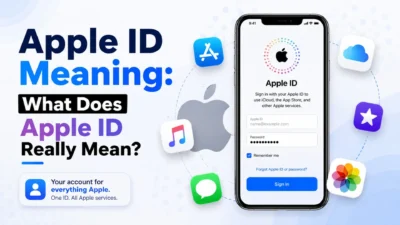 Apple ID meaning explained with iPhone login screen and Apple services
