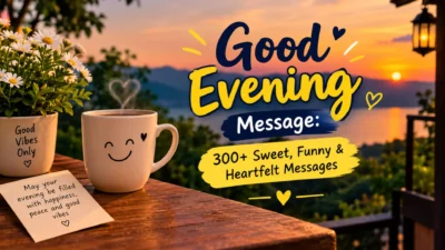 Good evening message with a cozy sunset, flowers, coffee mug, and sweet heartfelt wishes