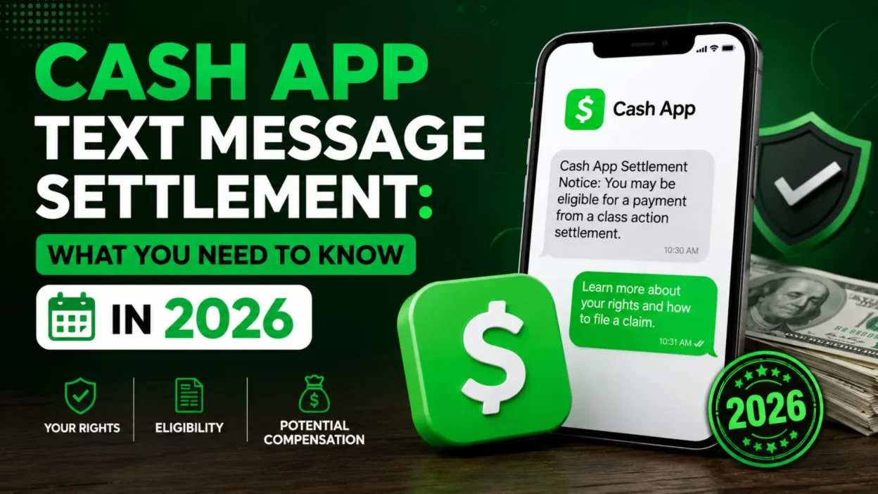 Cash App text message settlement notice on a smartphone with 2026 eligibility and compensation details