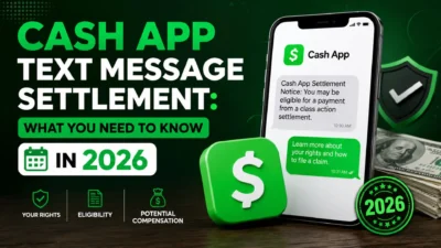 Cash App text message settlement notice on a smartphone with 2026 eligibility and compensation details