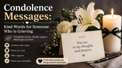 Condolence messages banner with white flowers, sympathy card, candle, and kind words for someone grieving