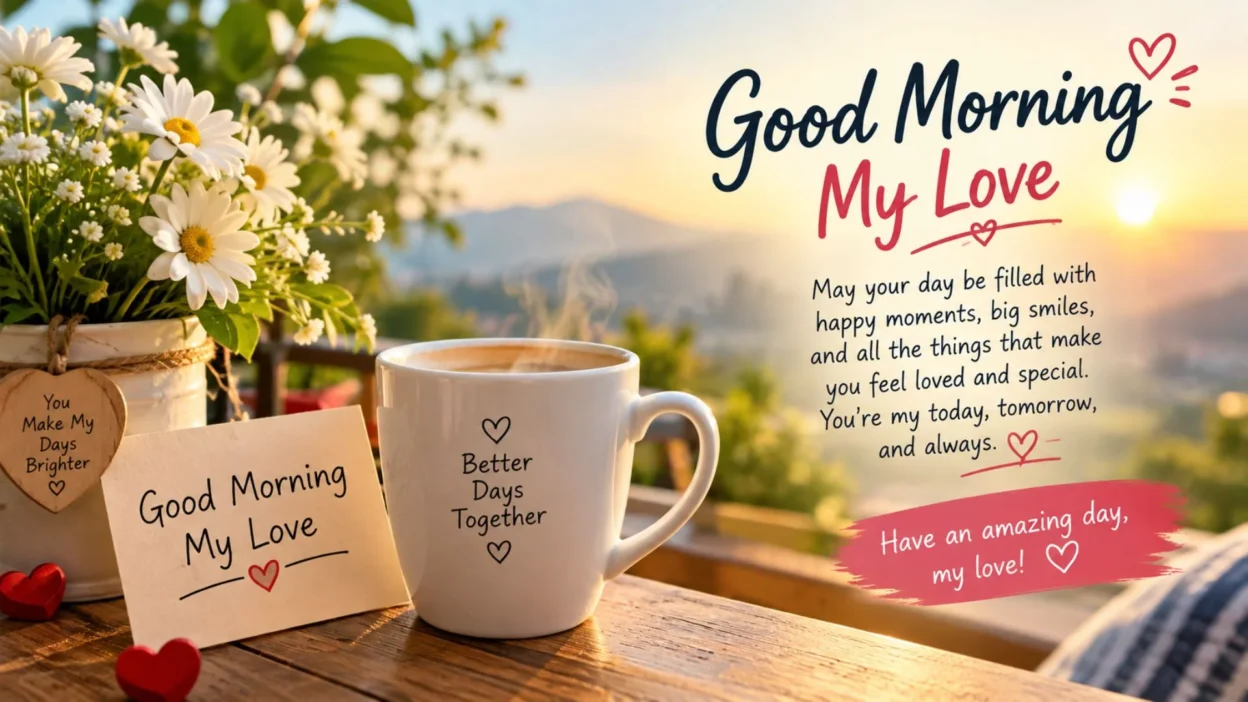 Good morning love message with flowers, coffee, sunrise, and a heartfelt romantic note
