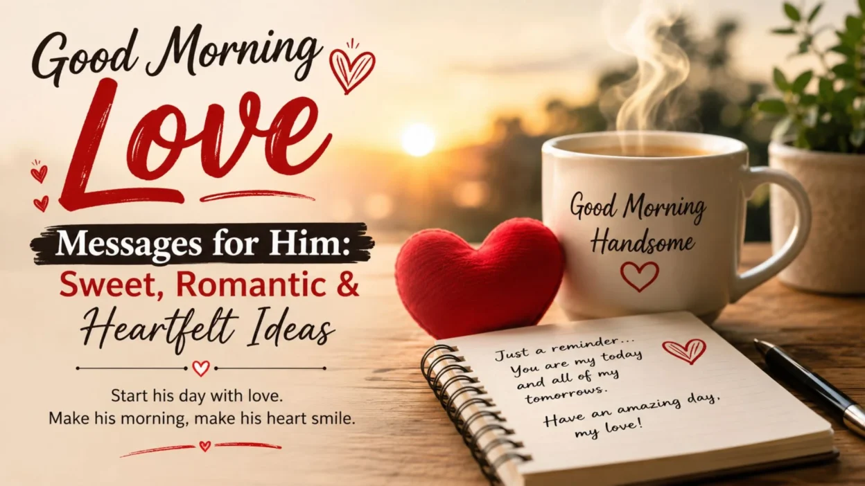 Good morning love messages for him with a romantic sunrise, coffee mug, heart, and heartfelt note