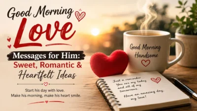 Good morning love messages for him with a romantic sunrise, coffee mug, heart, and heartfelt note