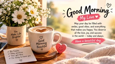 Good morning message for her with flowers, coffee, hearts, and a sweet wish for a beautiful day