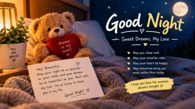 Romantic good night message for her with teddy bear, heart, moon, and sweet dreams