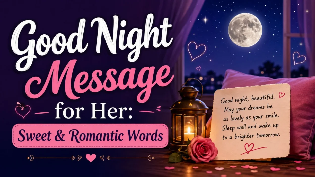 Good night message for her with romantic moonlit scene, rose, lantern, and sweet words