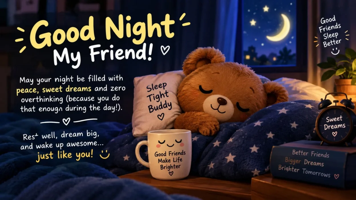 Good night message for a friend with a cute teddy bear, starry blanket, moonlit window, and sweet dreams.