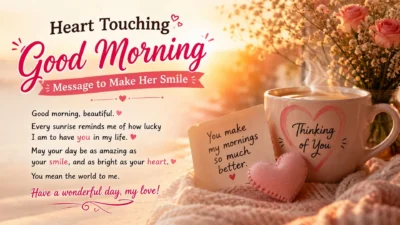 Heart touching good morning message for her with roses, coffee, and a sweet romantic note