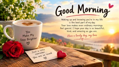 Heart touching good morning message for love with coffee, red rose, and sunrise view