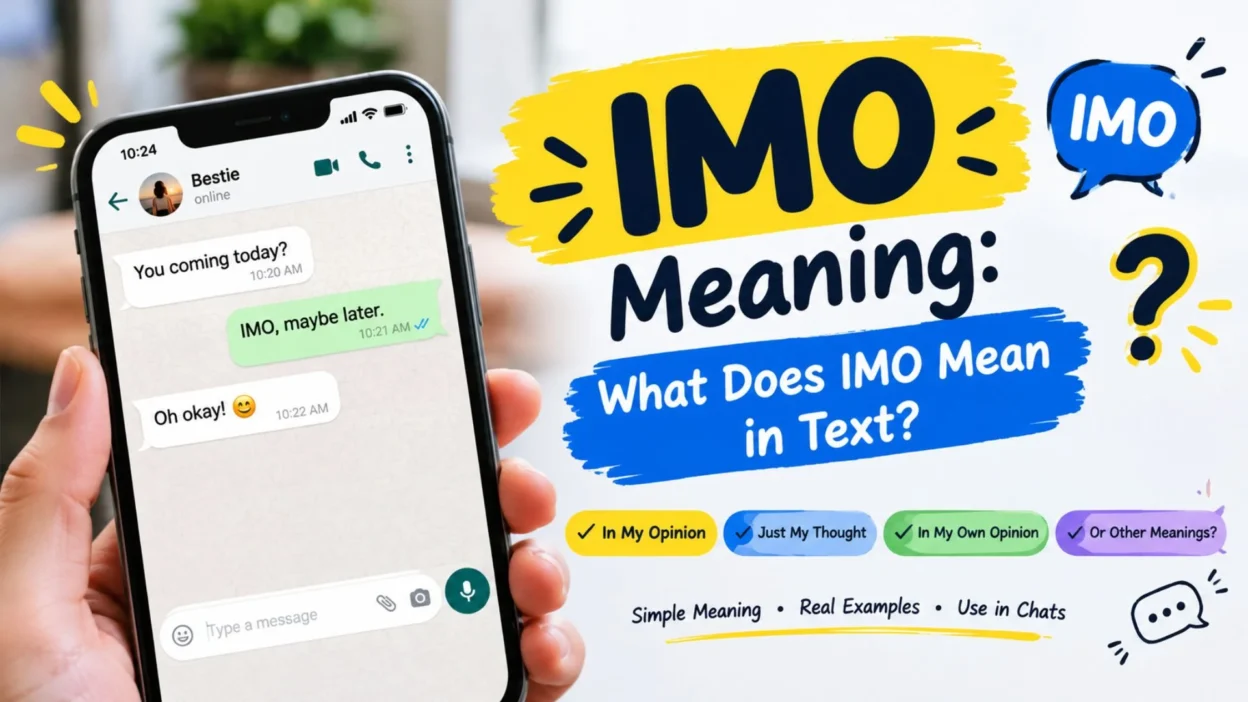 IMO meaning in text shown with a smartphone chat and explanation of “In My Opinion”