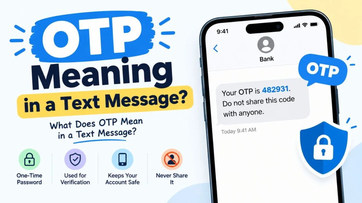 OTP meaning in text message explained with a bank verification code and account security illustration.