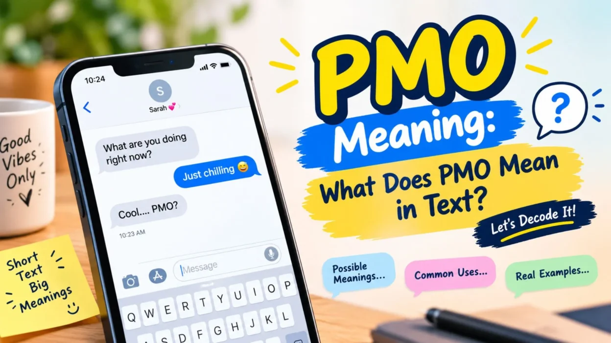 PMO meaning in text explained with a smartphone chat and common texting examples
