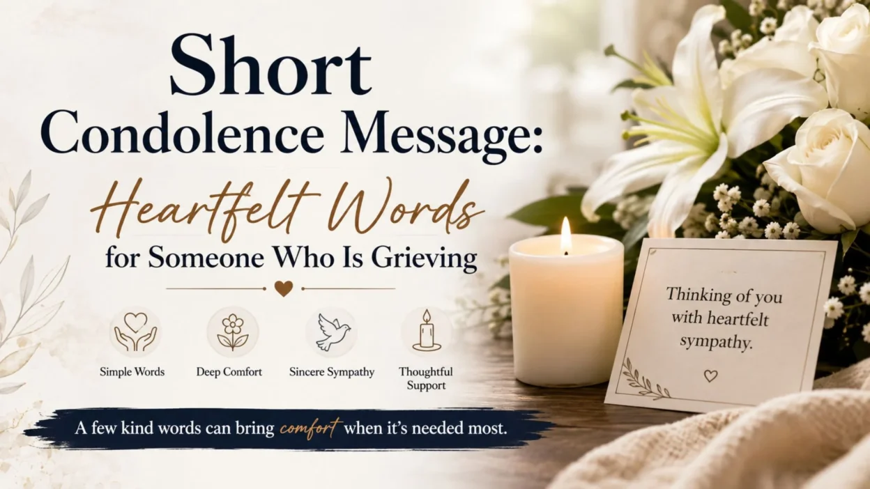 Short condolence message with sympathy card, candle, white flowers, and heartfelt words for someone grieving