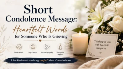 Short condolence message with sympathy card, candle, white flowers, and heartfelt words for someone grieving