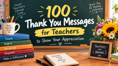 100 thank you messages for teachers with colorful books, flowers, and a classroom chalkboard celebrating teacher appreciation.