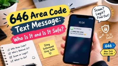 646 area code text message on a smartphone with scam safety tips and New York area code information