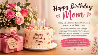Birthday message for Mom with flowers, cake, gifts, and heartfelt wishes