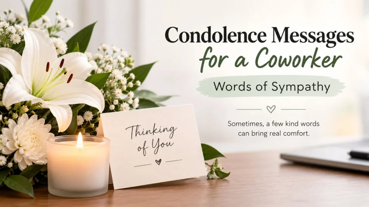 Condolence messages for a coworker with white flowers, a glowing candle, and a thoughtful sympathy card