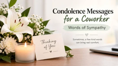 Condolence messages for a coworker with white flowers, a glowing candle, and a thoughtful sympathy card