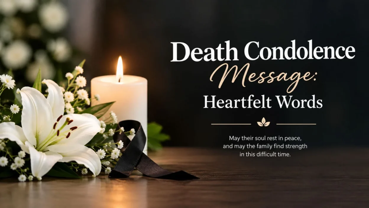 Death condolence message with white lilies, candle, and black mourning ribbon