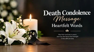 Death condolence message with white lilies, candle, and black mourning ribbon