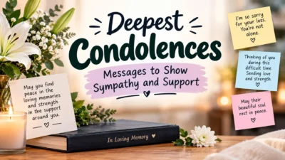 Deepest condolences messages with white lilies, a glowing candle, and heartfelt sympathy notes offering comfort and support.