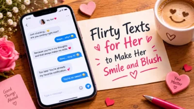 Flirty texts for her to make her smile and blush, featuring a romantic phone chat, pink hearts, roses, and coffee.