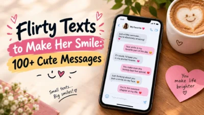 Flirty texts to make her smile with 100+ cute messages, romantic chat bubbles, pink hearts, and cozy coffee.