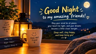 Good night messages for friends with a glowing lantern, full moon, cozy mug, and heartfelt wishes for peaceful dreams.